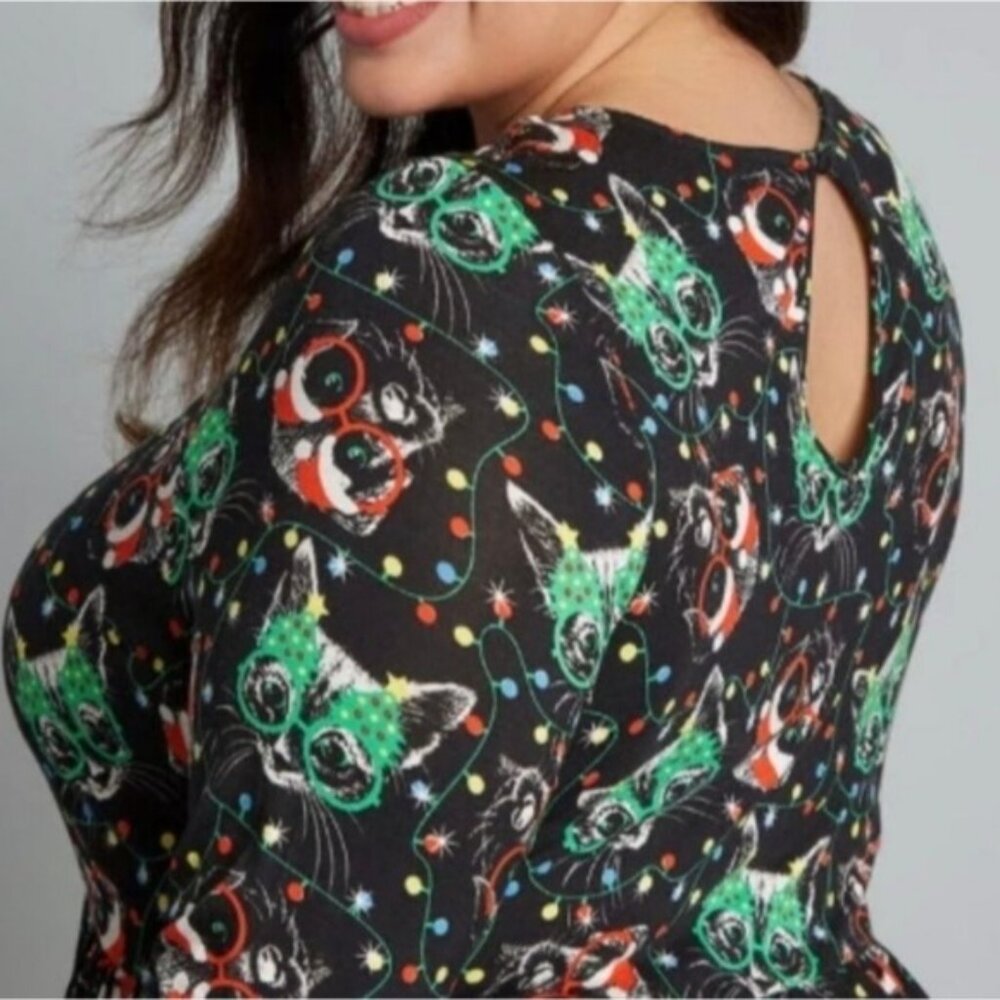 Modcloth Festive Holiday Kitty Dog Christmas Print Long Sleeve Dress XL New - Picture 7 of 10